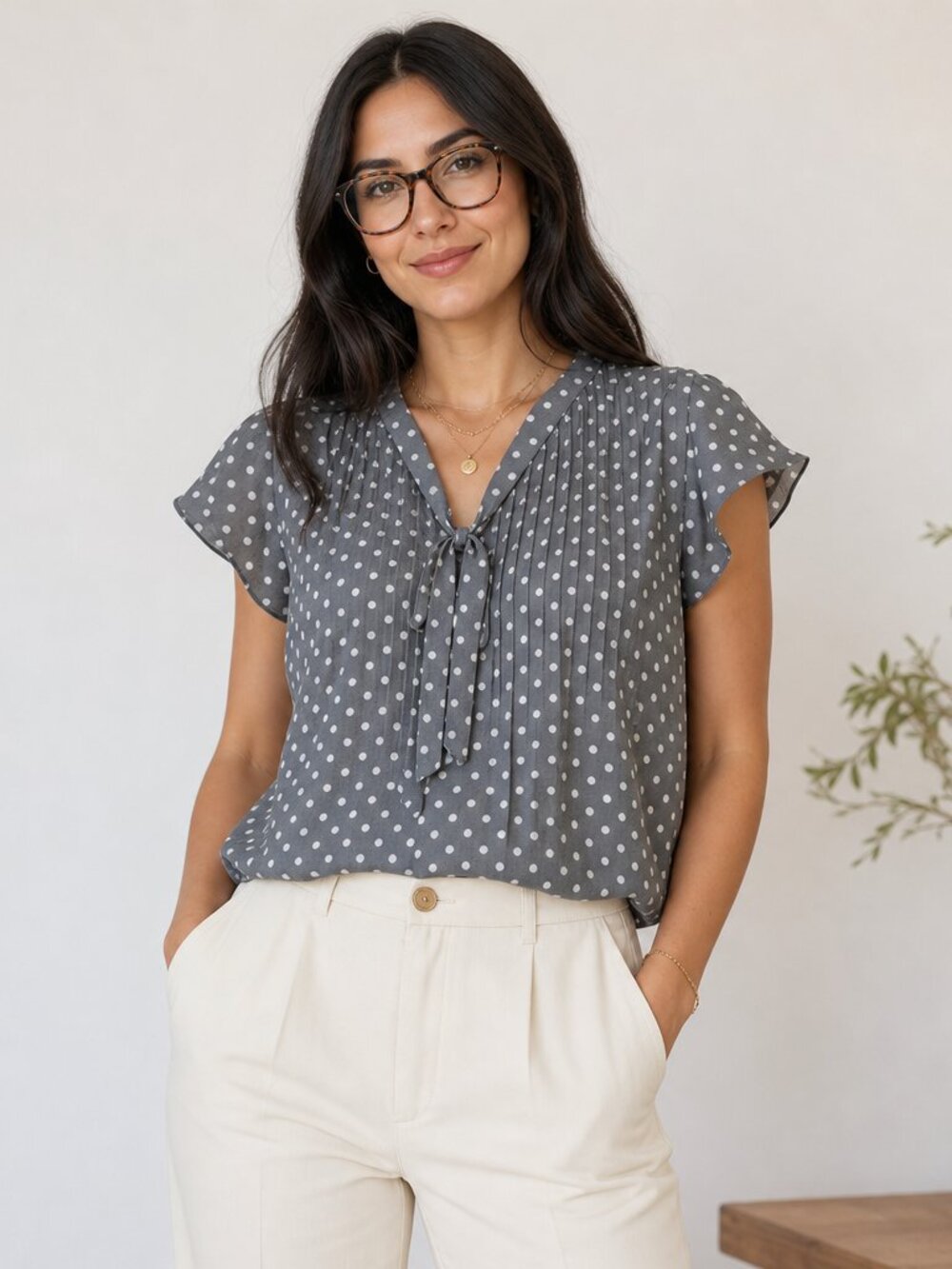 Polka-dot sheer blouse with pintuck and capped sleeves